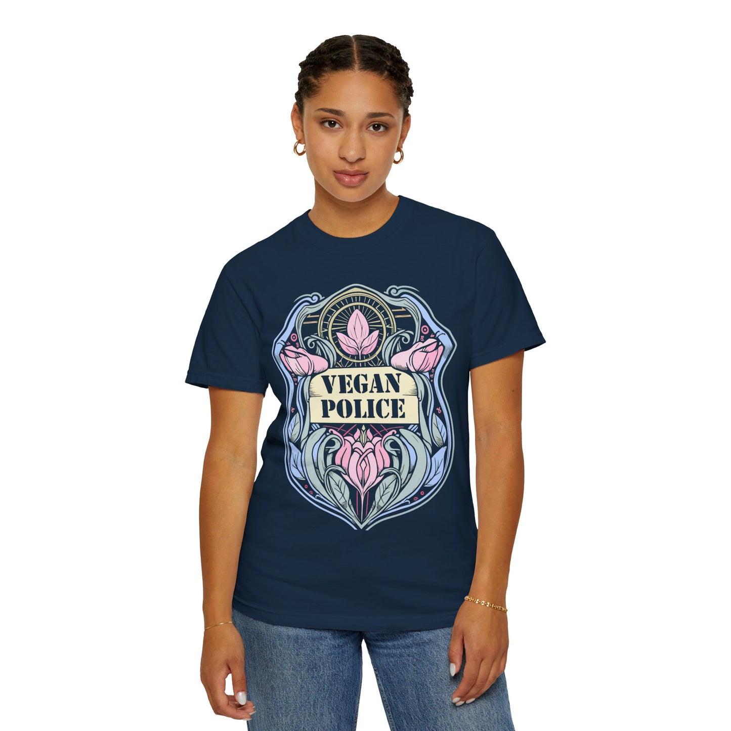 Vegan Police Tee Shirt in Blues and Greens {Unisex}