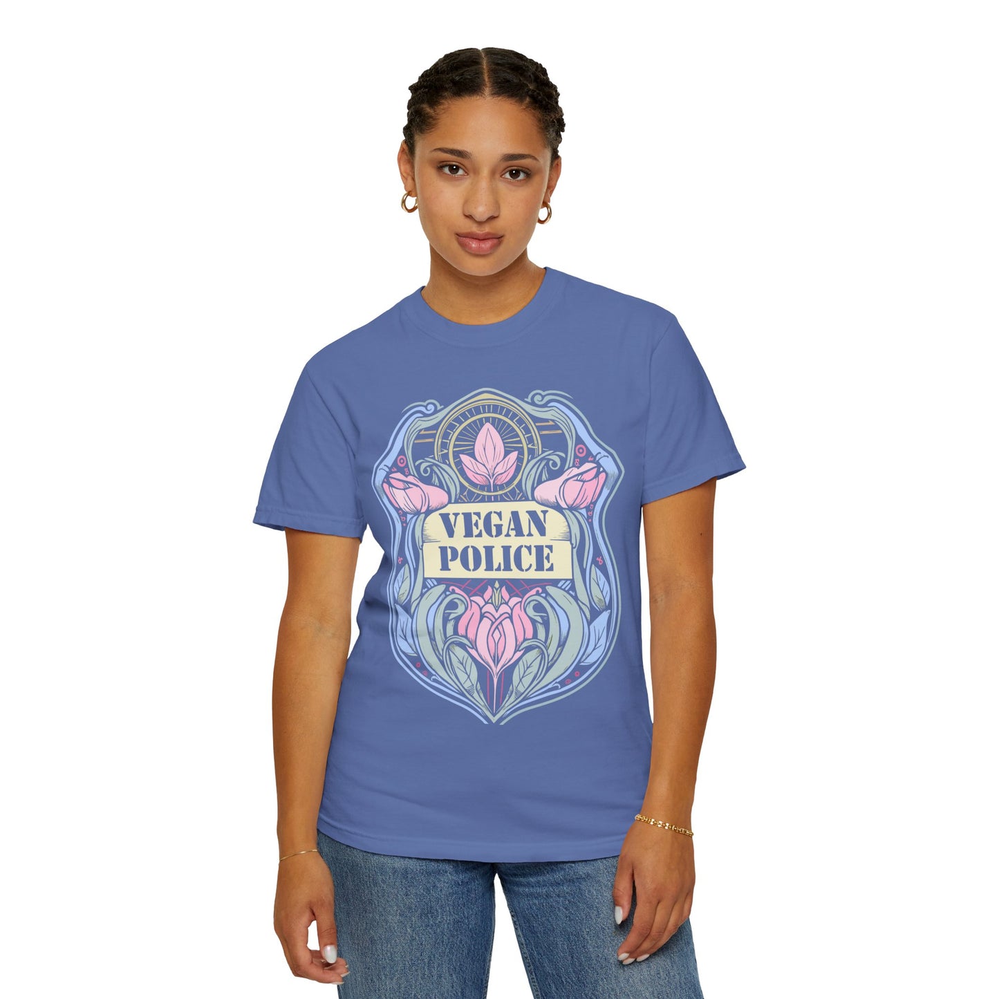 Vegan Police Tee Shirt in Blues and Greens {Unisex}