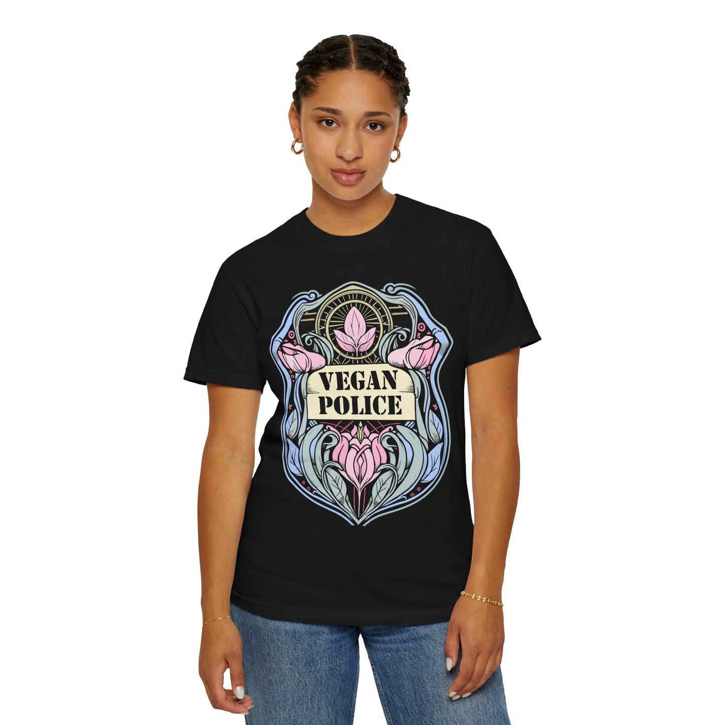 Vegan Police Tee Shirt in Blues and Greens {Unisex}