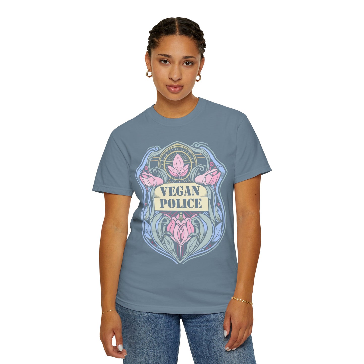 Vegan Police Tee Shirt in Blues and Greens {Unisex}