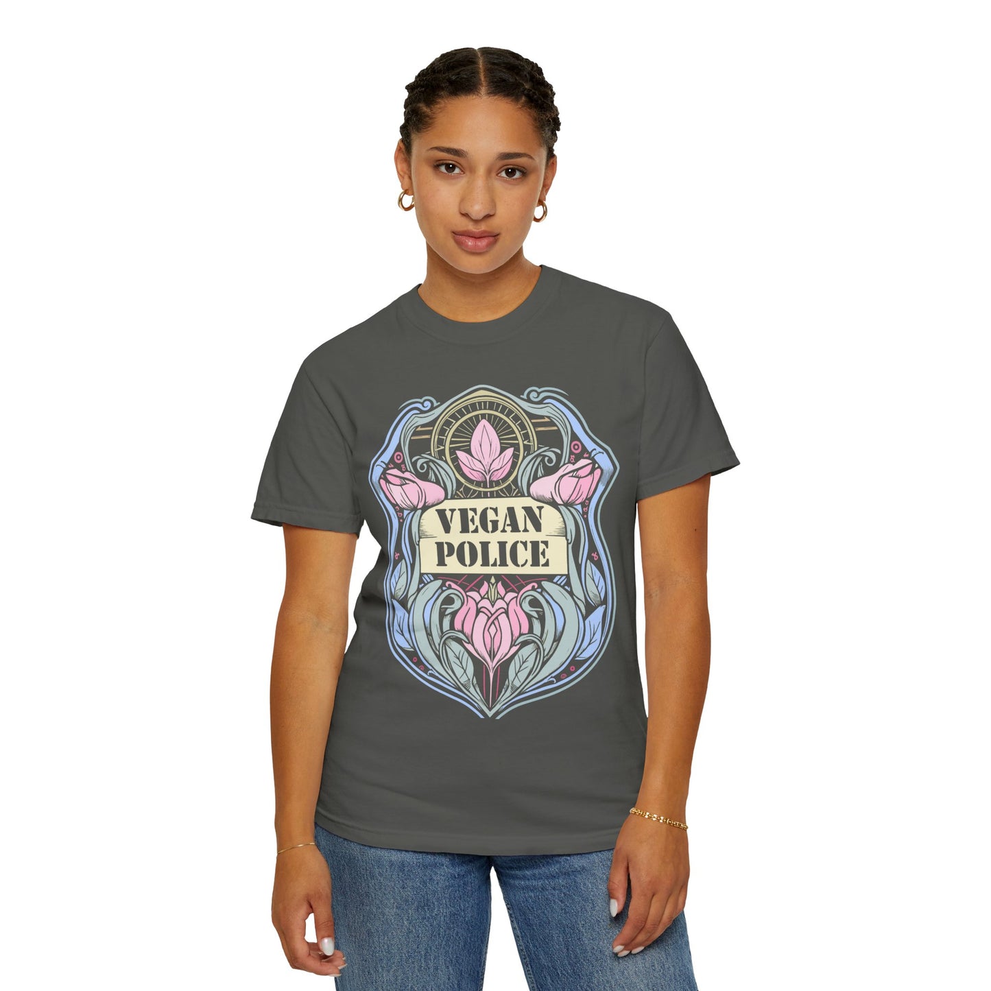 Vegan Police Tee Shirt in Blues and Greens {Unisex}