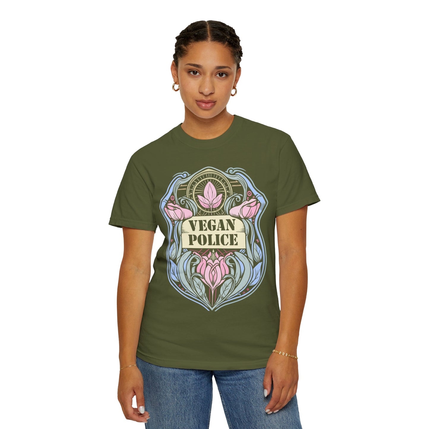 Vegan Police Tee Shirt in Blues and Greens {Unisex}