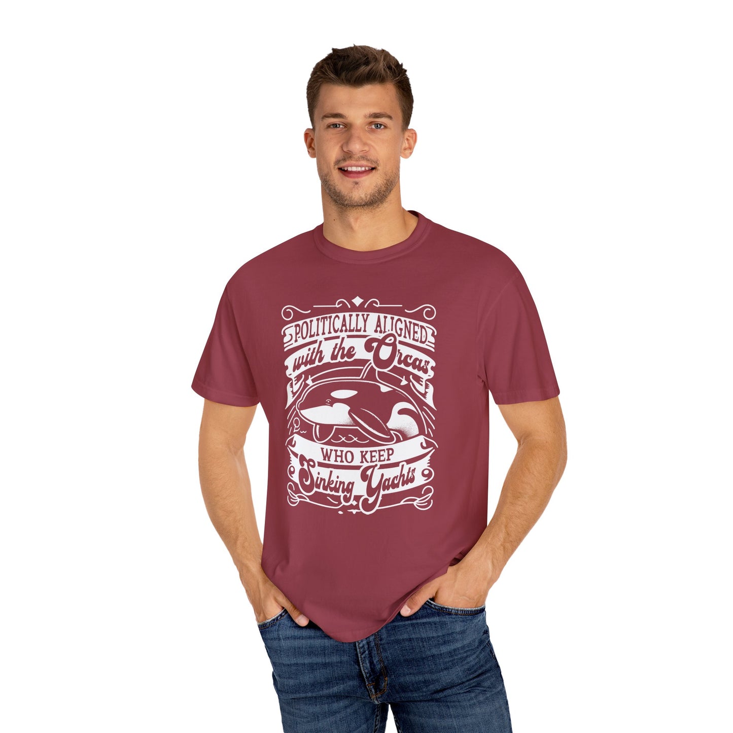 Politically Aligned with the Orcas that Keep Sinking Yachts Vegan Tee Shirt | Statement T-Shirt | Sustainable Fashion