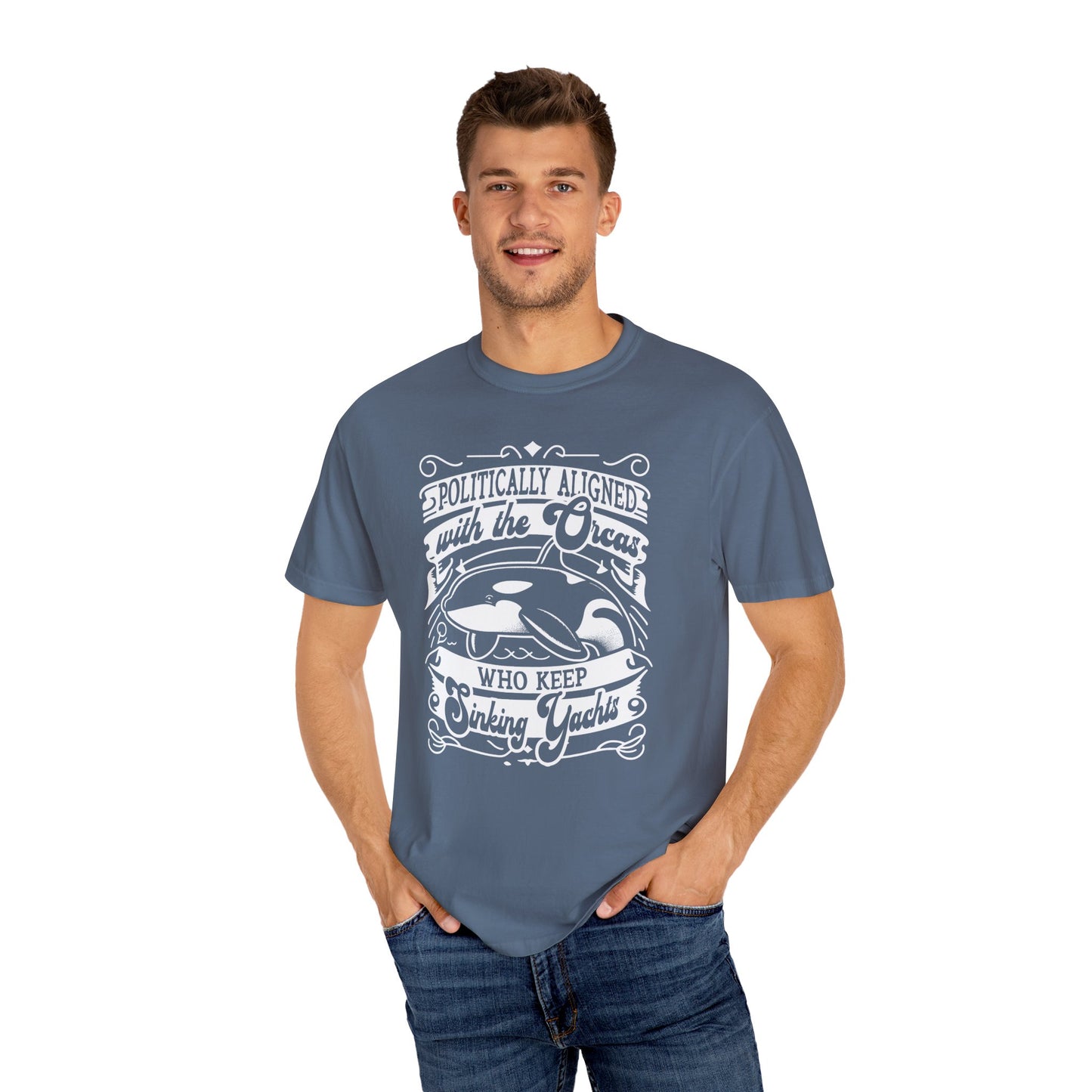 Politically Aligned with the Orcas that Keep Sinking Yachts Vegan Tee Shirt | Statement T-Shirt | Sustainable Fashion