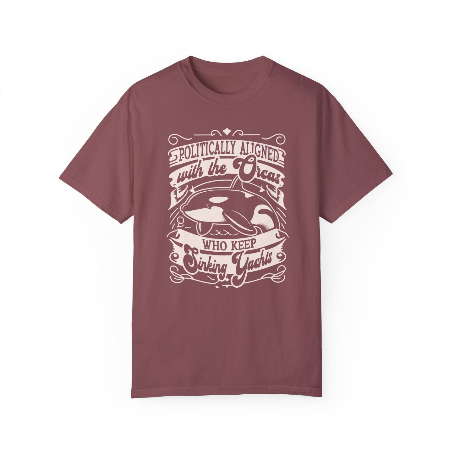 Politically Aligned with the Orcas that Keep Sinking Yachts Vegan Tee Shirt | Statement T-Shirt | Sustainable Fashion | Earthy Reds