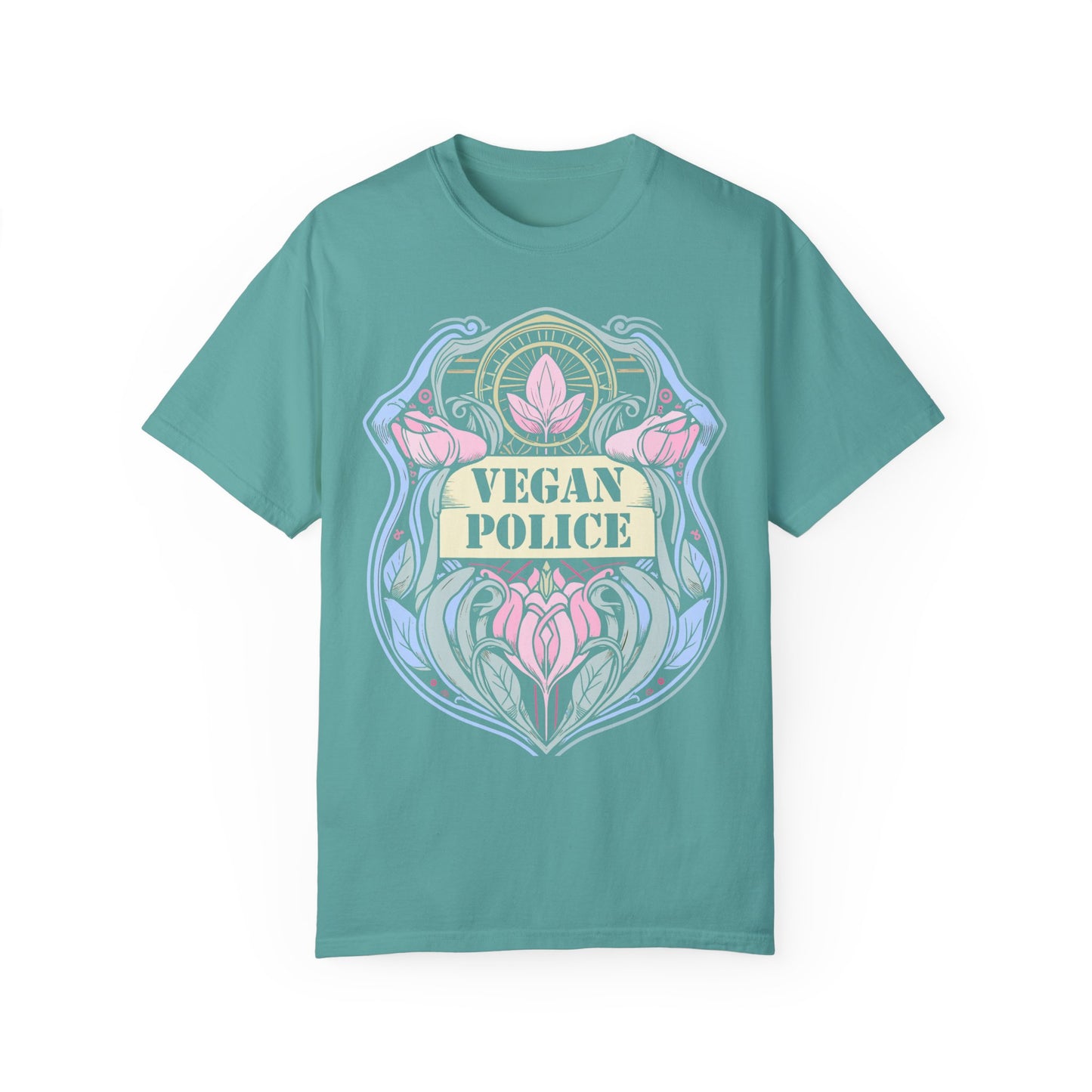 Vegan Police Tee Shirt in Blues and Greens {Unisex}