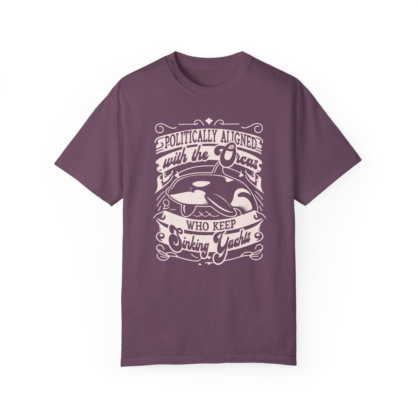 Politically Aligned with the Orcas that Keep Sinking Yachts Vegan Tee Shirt | Statement T-Shirt | Sustainable Fashion | Earthy Reds