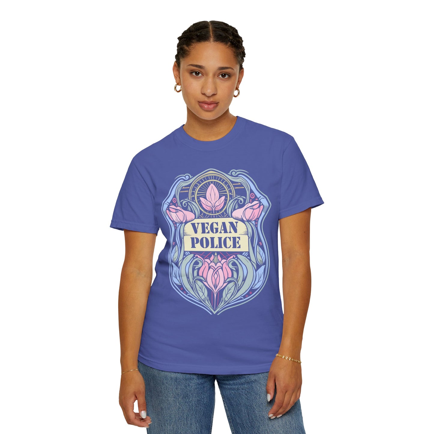 Vegan Police Tee Shirt in Blues and Greens {Unisex}