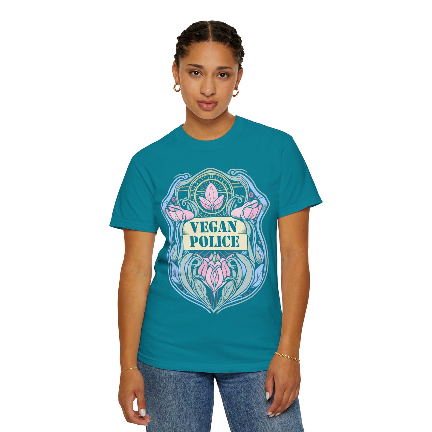 Vegan Police Tee Shirt in Blues and Greens {Unisex}
