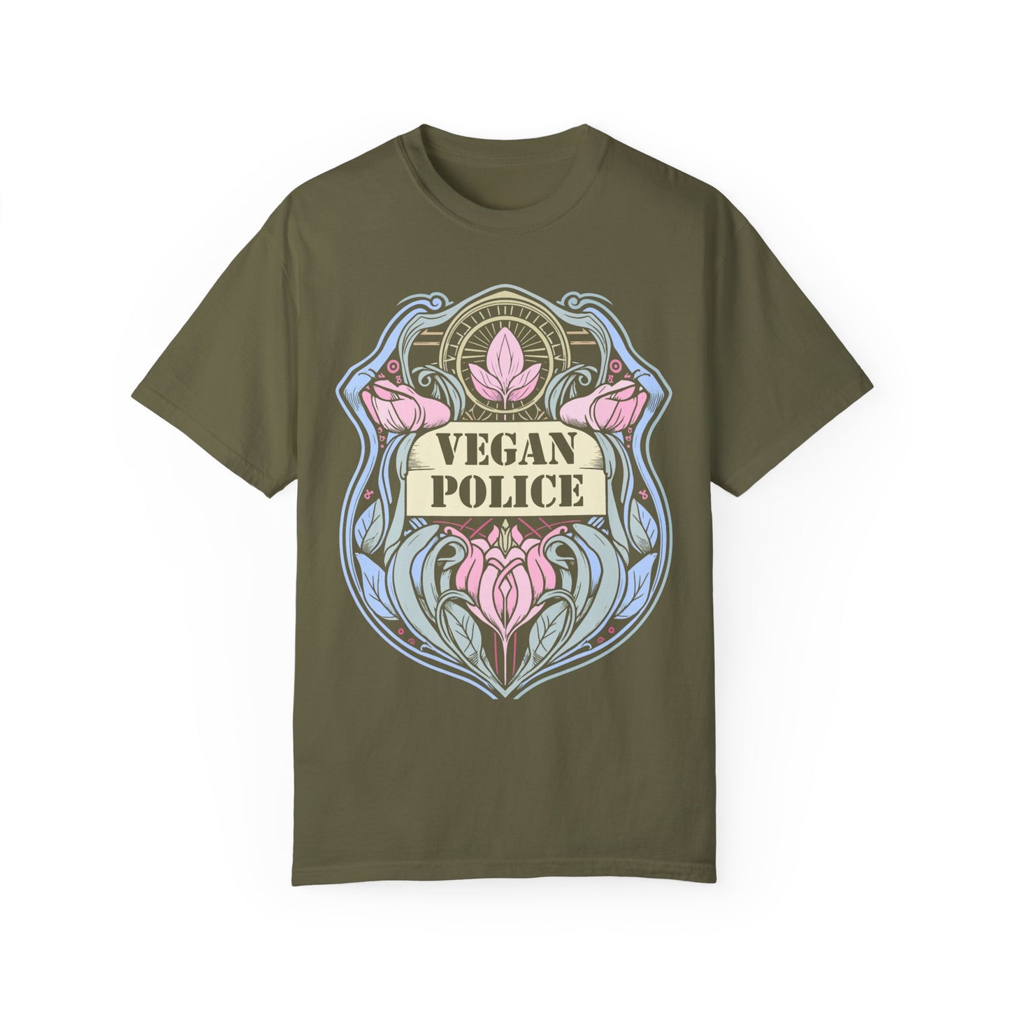 Vegan Police Tee Shirt in Blues and Greens {Unisex}