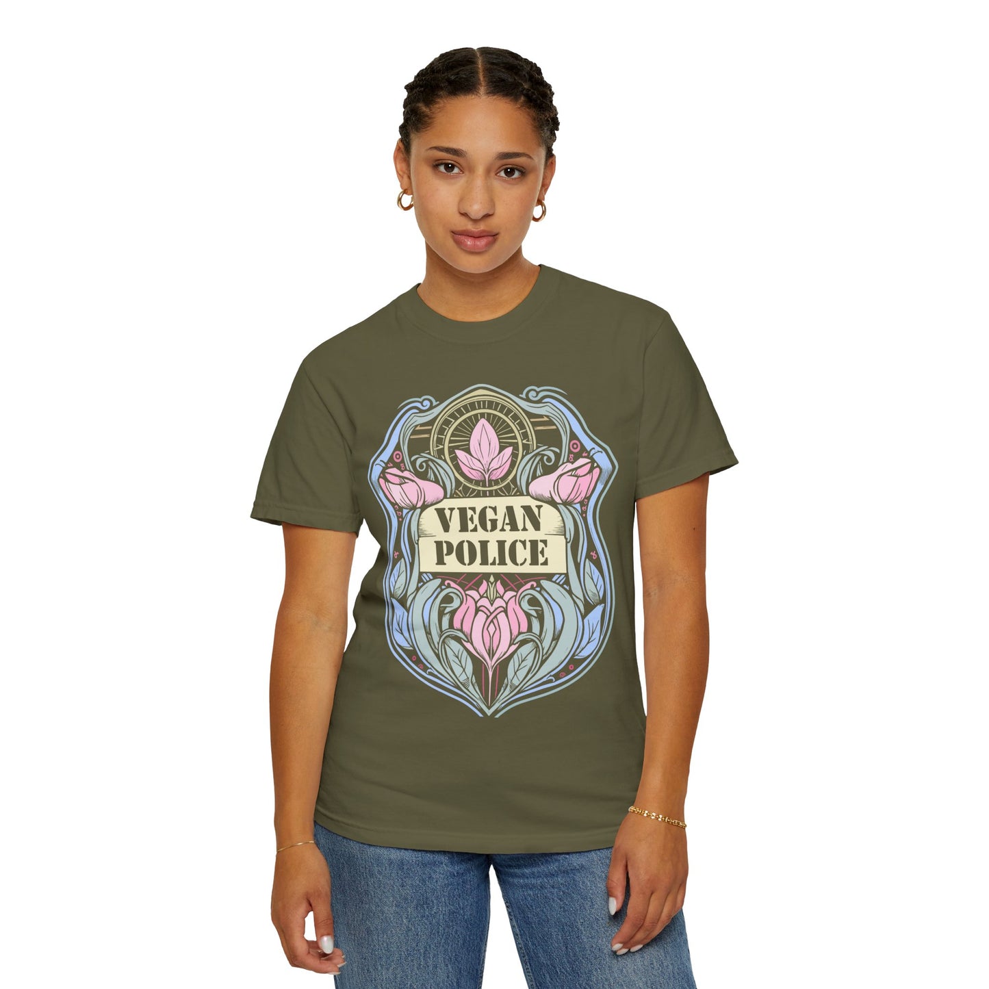 Vegan Police Tee Shirt in Blues and Greens {Unisex}