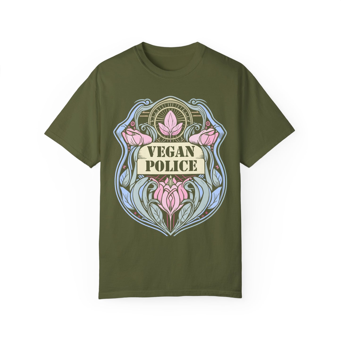 Vegan Police Tee Shirt in Blues and Greens {Unisex}
