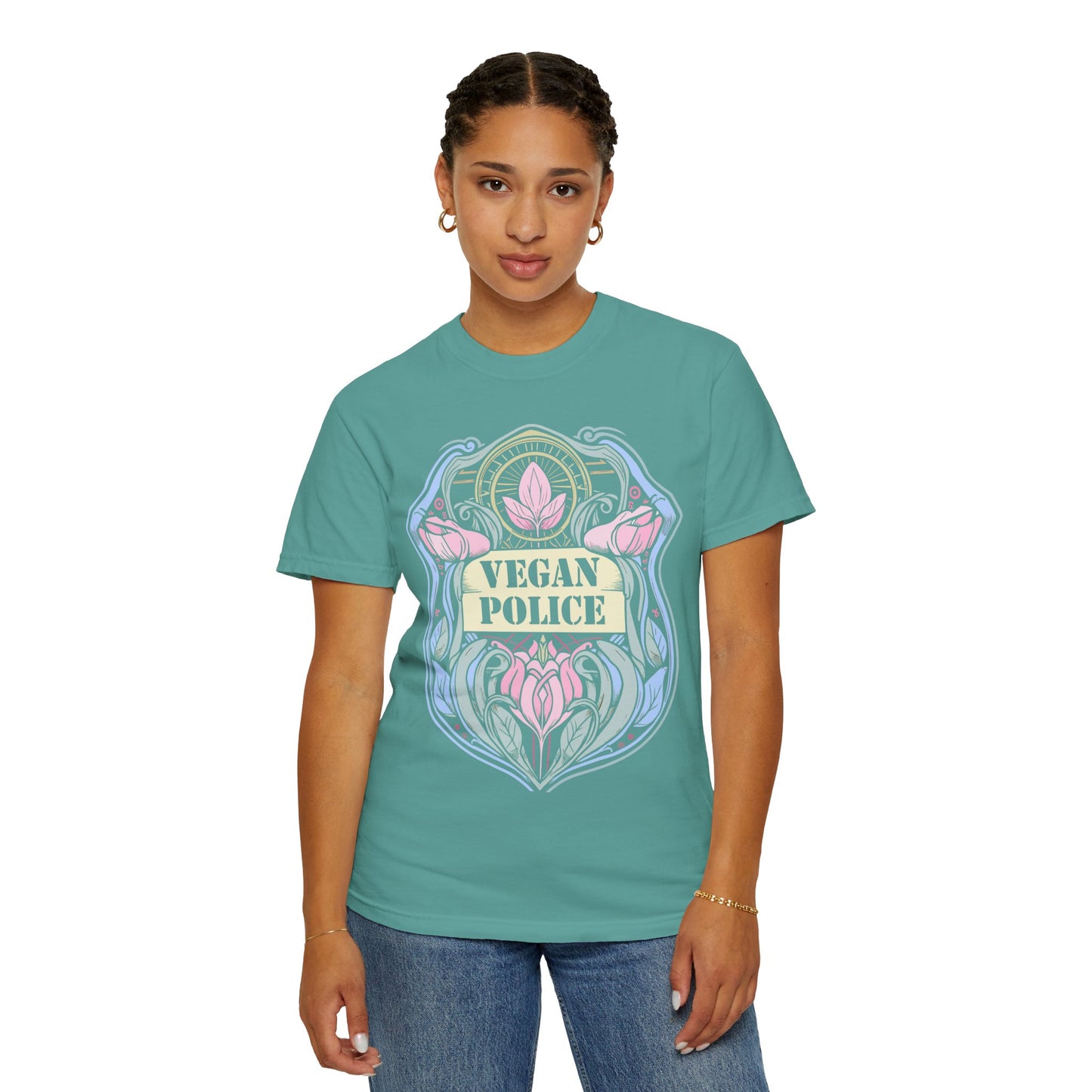 Vegan Police Tee Shirt in Blues and Greens {Unisex}