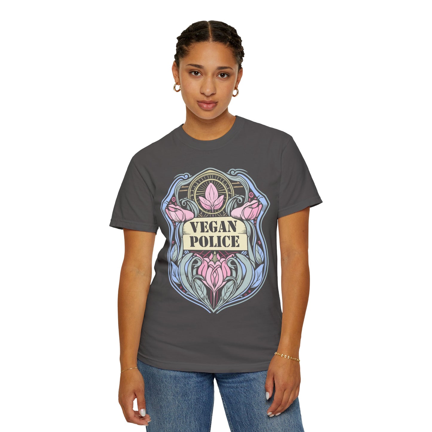 Vegan Police Tee Shirt in Blues and Greens {Unisex}