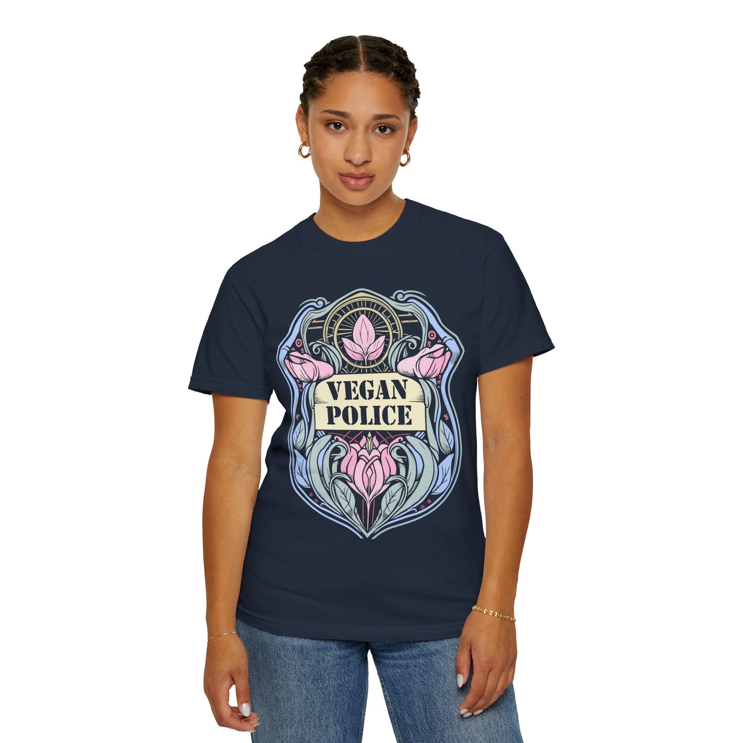 Vegan Police Tee Shirt in Blues and Greens {Unisex}