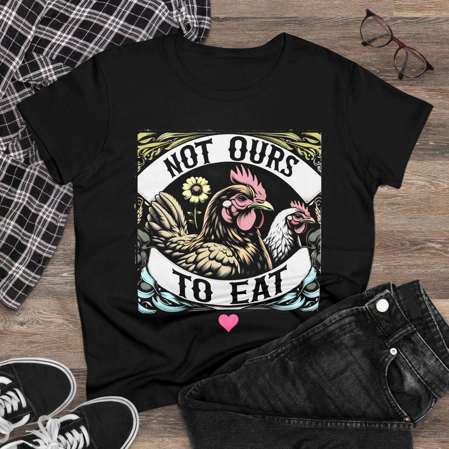 Not Ours to Eat Chickens Vegan Tee Shirt in Black {Women's}