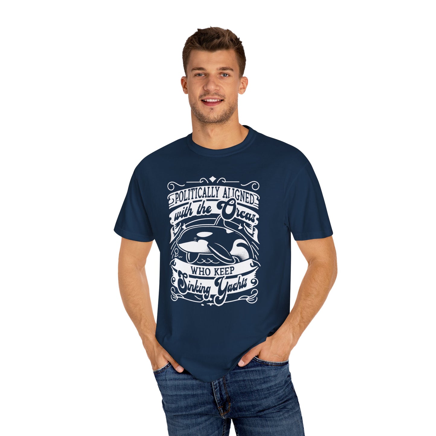 Politically Aligned with the Orcas that Keep Sinking Yachts Vegan Tee Shirt | Statement T-Shirt | Sustainable Fashion