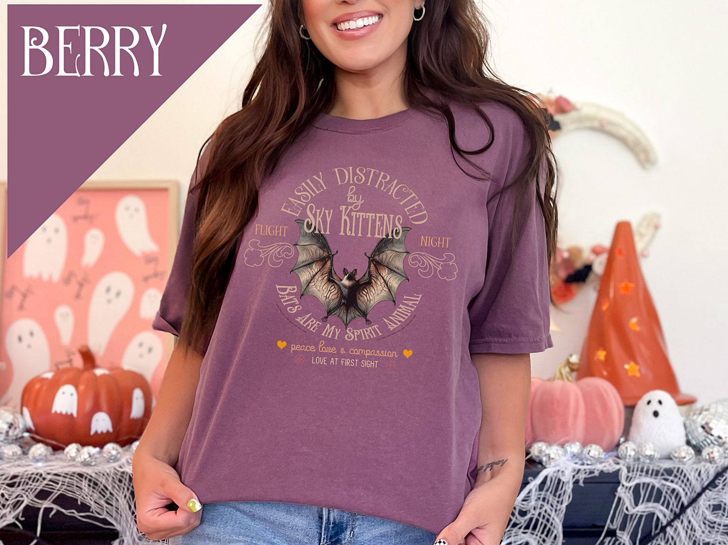 Easily Distracted by Sky Kittens Vegan Bat Tee Shirt | Halloween | Comfort Colors | Cute