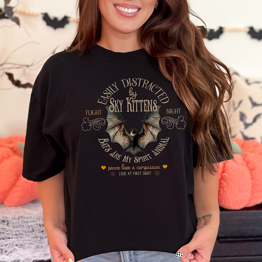 Easily Distracted by Sky Kittens Vegan Bat Tee Shirt | Halloween | Comfort Colors | Cute
