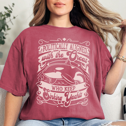 Politically Aligned with the Orcas that Keep Sinking Yachts Vegan Tee Shirt | Statement T-Shirt | Sustainable Fashion | Earthy Reds