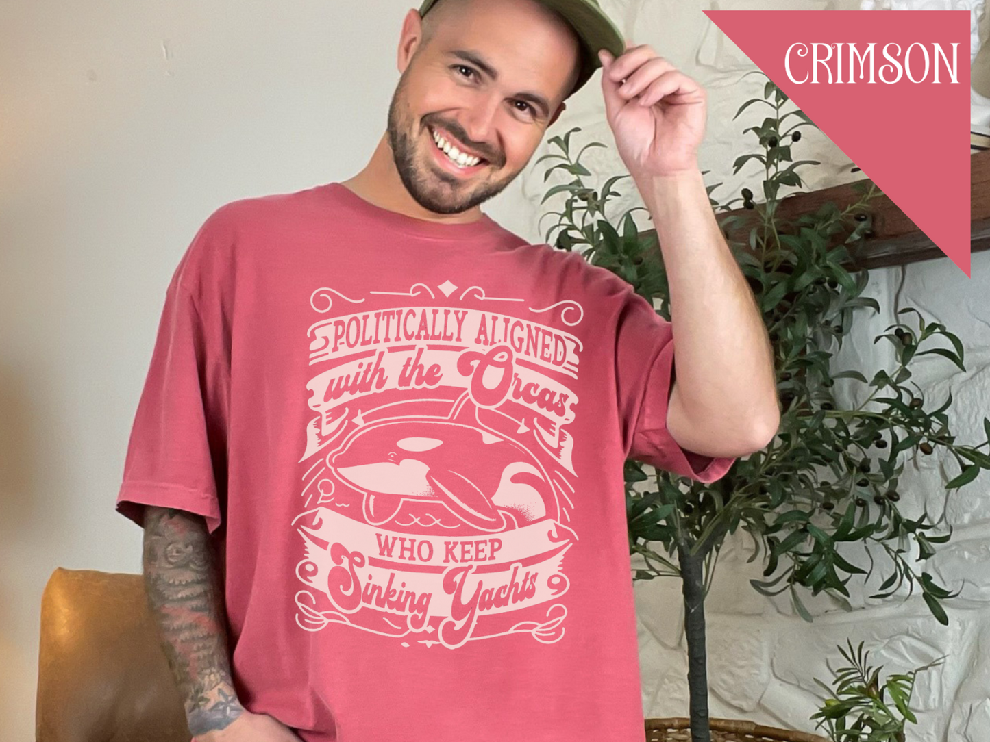 Politically Aligned with the Orcas that Keep Sinking Yachts Vegan Tee Shirt | Statement T-Shirt | Sustainable Fashion | Earthy Reds