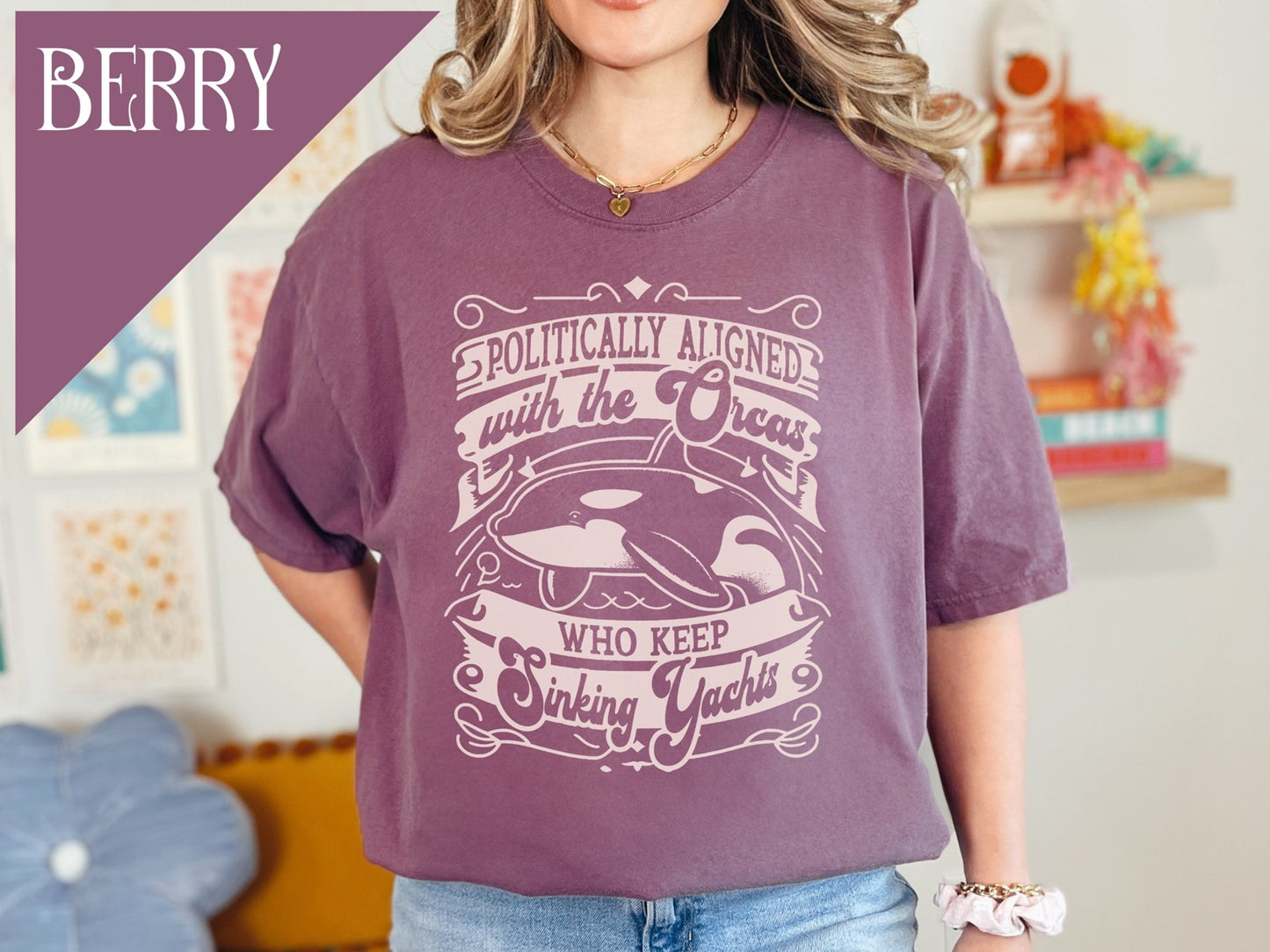 Politically Aligned with the Orcas that Keep Sinking Yachts Vegan Tee Shirt | Statement T-Shirt | Sustainable Fashion | Earthy Reds