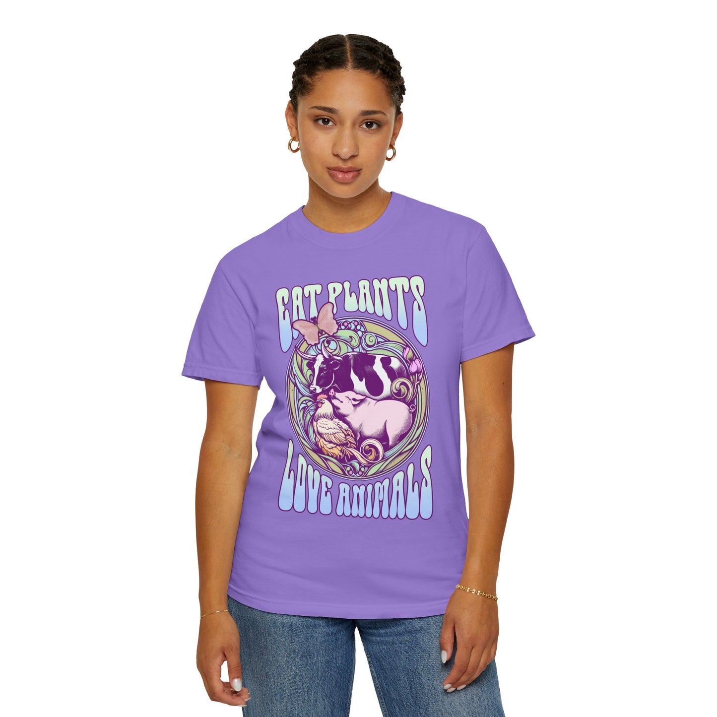 Eat Plants Love Animals Vegan Tee Shirt in Pinks and Purples {Unisex}