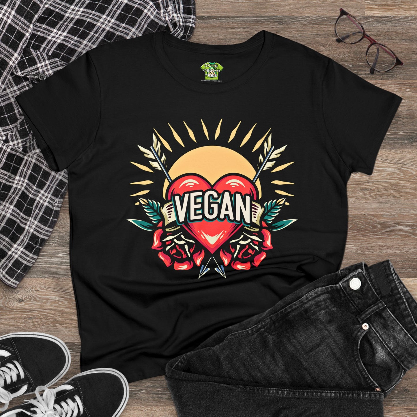 Vegan Hearts and Arrows Cotton Tee Shirt in Black {Women's}