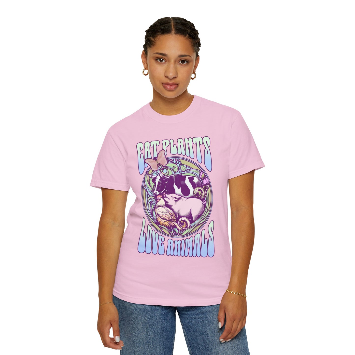 Eat Plants Love Animals Vegan Tee Shirt in Pinks and Purples {Unisex}