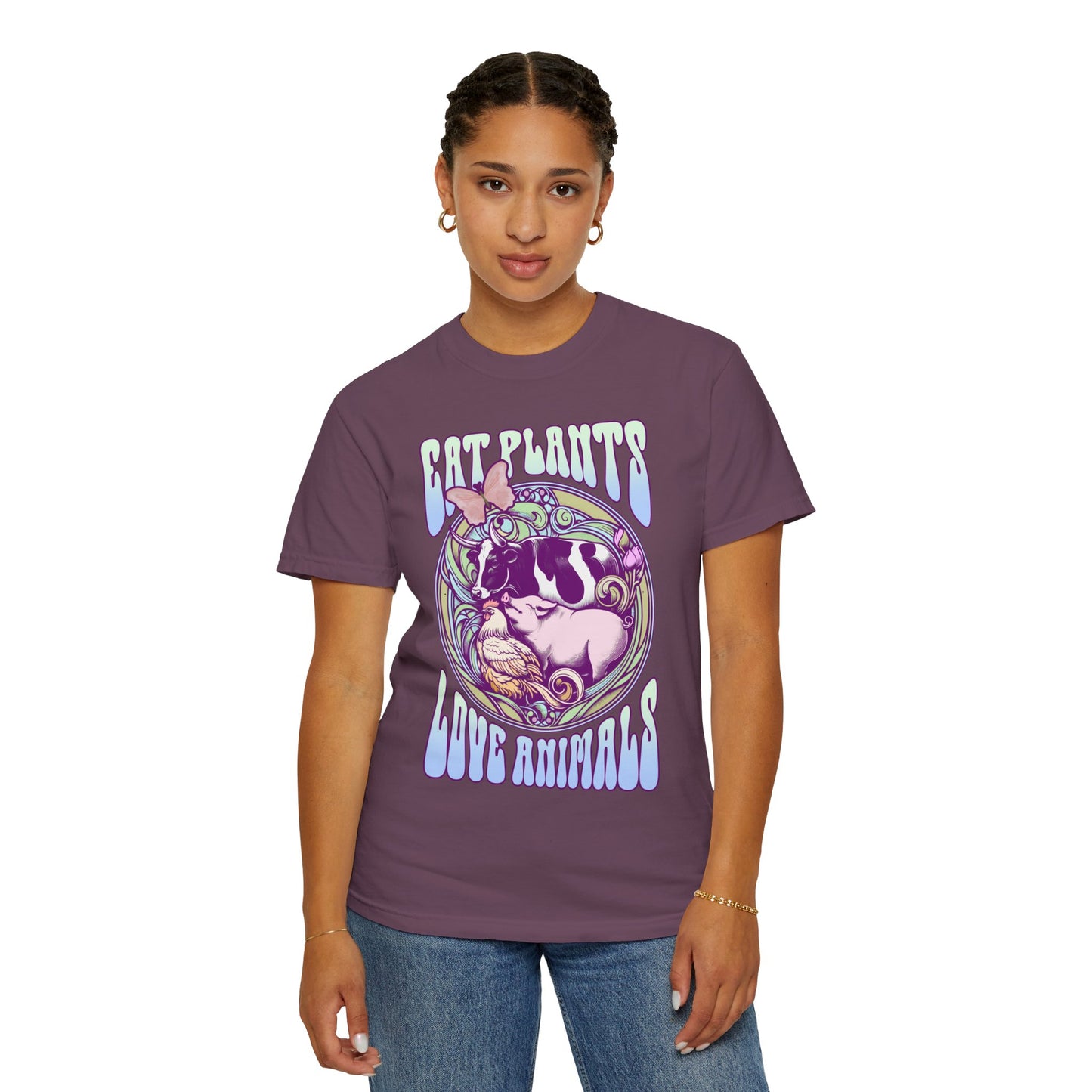 Eat Plants Love Animals Vegan Tee Shirt in Pinks and Purples {Unisex}