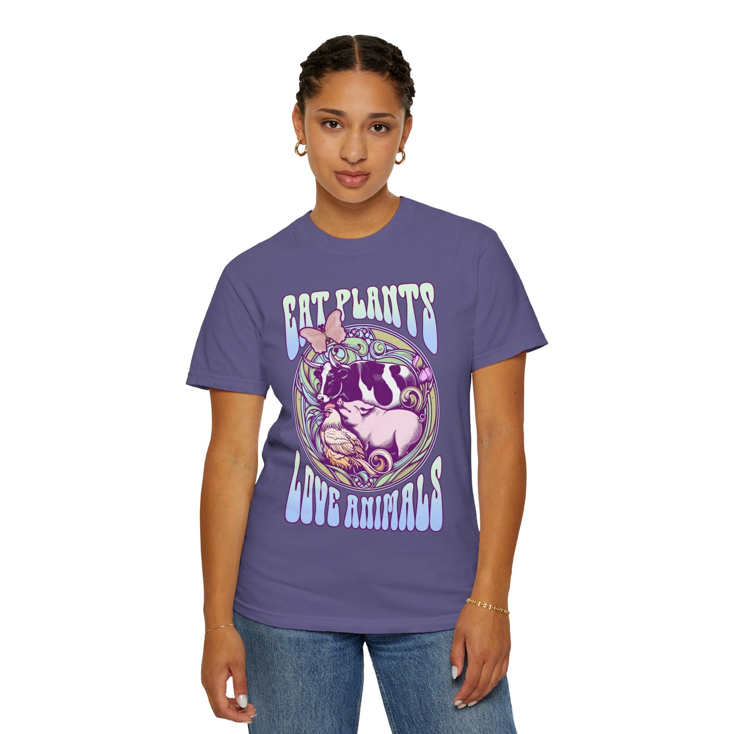 Eat Plants Love Animals Vegan Tee Shirt in Pinks and Purples {Unisex}