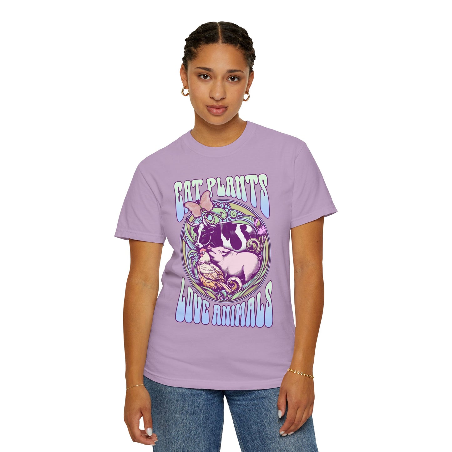 Eat Plants Love Animals Vegan Tee Shirt in Pinks and Purples {Unisex}