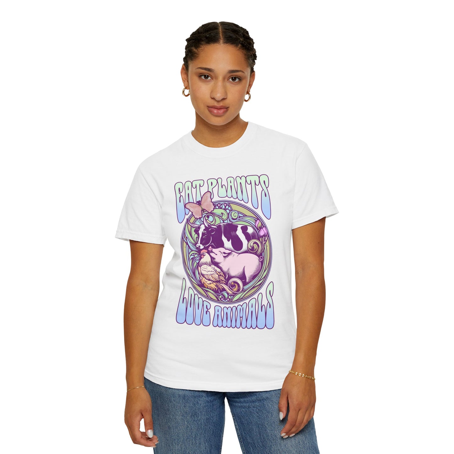 Eat Plants Love Animals Vegan Tee Shirt in Pinks and Purples {Unisex}